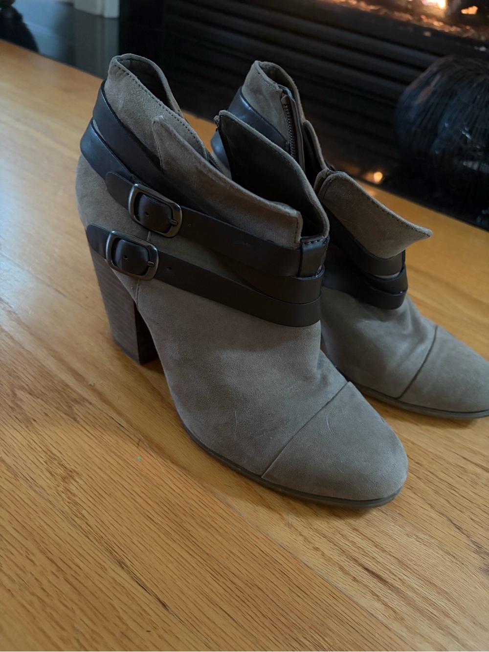 Taupe Suede Ankle Booties with Dark Brown Buckle Straps